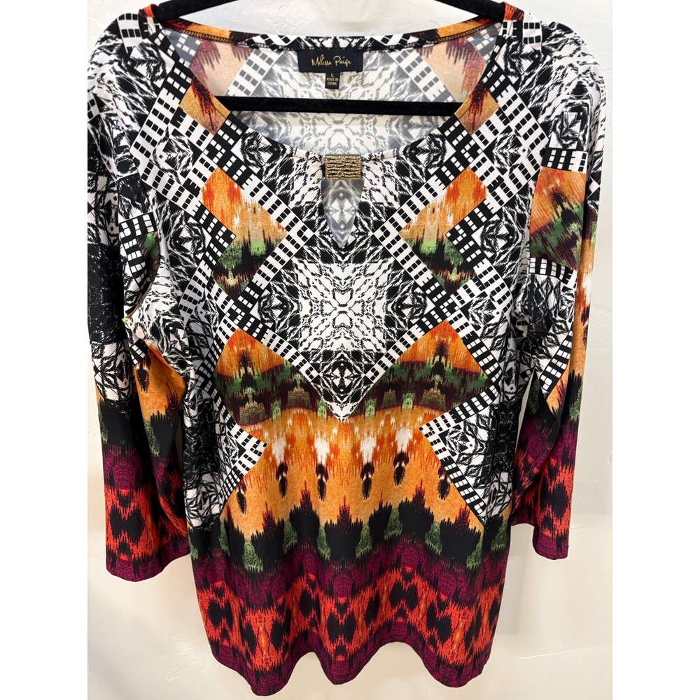 Melissa Paige Geometric Ikat Print Blouse Gold Hardware Keyhole Top Large